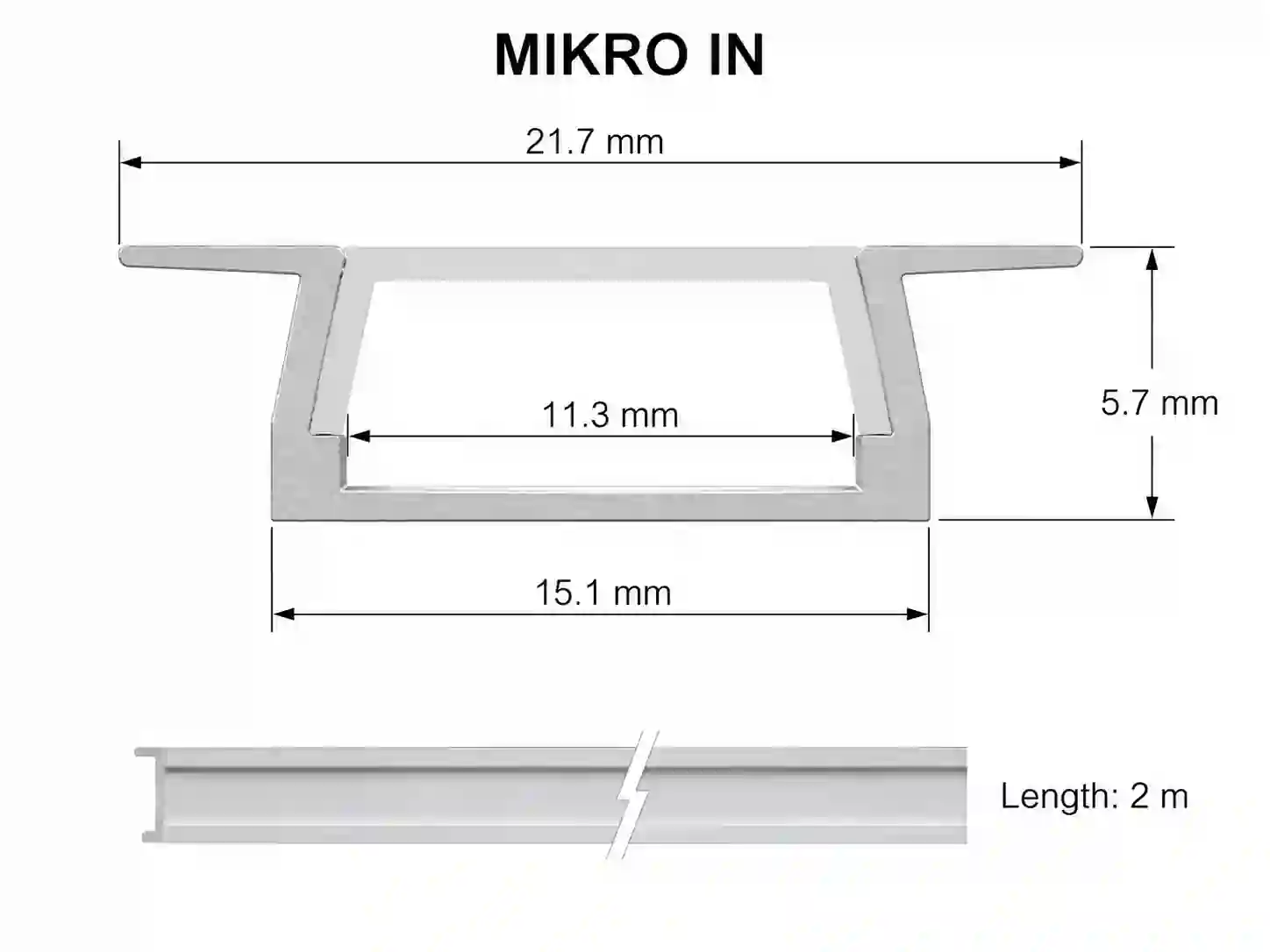 Pohled zepředu na profil MIKRO IN přesah 21,7mm zakrývá frézování stříbrný hliník 2m délka